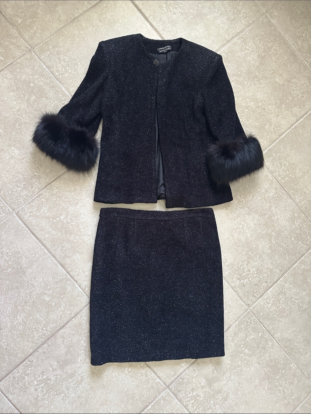 Pamela Dennis Black Tweed Skirt Set with Fur-Cuff Jacket